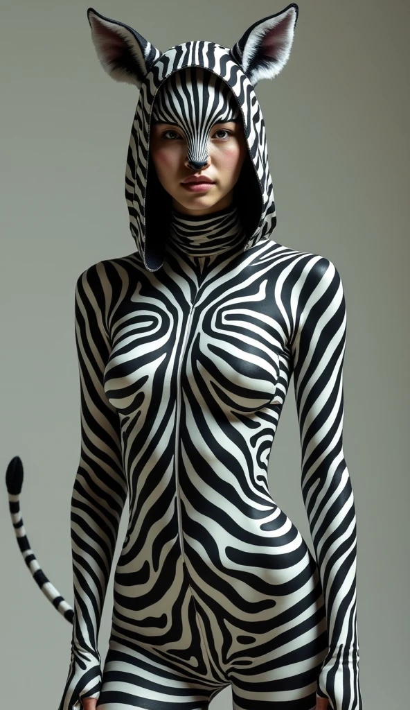 A Chinese adult girl wears zebra lycra turtleneck unitard catsuit covered with stripes.She always we zebra lycra dancewear hijab-like hood.She has a tail.