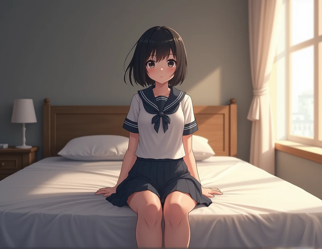 Girl with short black hair wearing an asian school uniform sitting on the edge of a bed, matress bending beneath her weight with a light smile