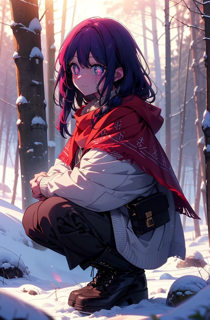 aihoshino, Ai Hoshino, Long Hair, bangs, (Purple eyes:1.1), Purple Hair, (Symbol-shaped pupil:1.5), smile,,smile,blush,white breath,
Open your mouth,snow,Ground bonfire, Outdoor, boots, snowing, From the side, wood, suitcase, Cape, Blurred, , forest, White handbag, nature, Squat, Mouth closed, Cape, winter, Written boundary depth, Black shoes, red Cape break looking at viewer, Upper Body, whole body, break Outdoor, forest, nature, break (masterpiece:1.2), Highest quality, High resolution, unity 8k wallpaper, (shape:0.8), (Beautiful and beautiful eyes:1.6), Highly detailed face, Perfect lighting, Extremely detailed CG, (Perfect hands, Perfect Anatomy),