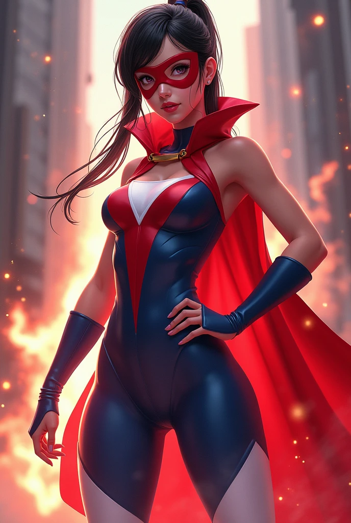 woman, Asia, whole body, Round Face, beautiful, big eyes, Black Hair, Ponytail, Athlete physique, Sexy, Moist skin, whole body图。Costumes: in spandex, Red Cape, Siamese, Tight, sleeveless, Blue top,White on both sides, Inverted white triangle symbol, 腹部镂空Siamese衣, Red lingerie, White knee socks, Red Boots, Blue fingerless short sleeves, White shooter sleeves, Red Domino Mask, Stand with one hand crossed at the waist, Glowing Energy Aura