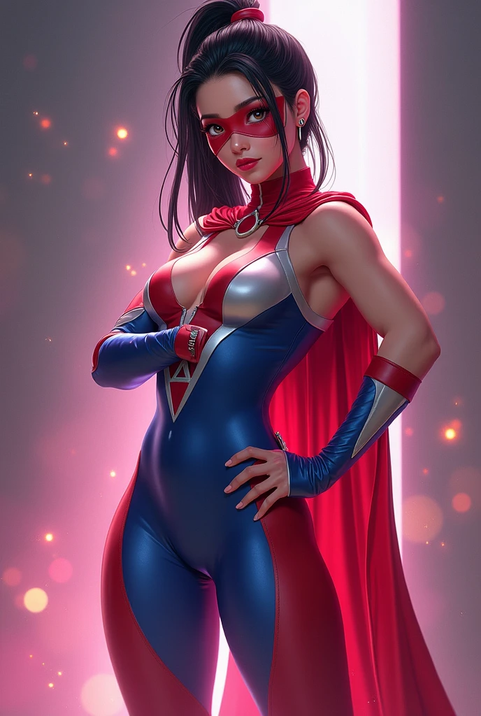 woman, Asia, whole body, Round Face, beautiful, big eyes, Black Hair, Ponytail, Athlete physique, Sexy, Moist skin, whole body图。Costumes: in spandex, Red Cape, Siamese, Tight, sleeveless, Blue top,White on both sides, Inverted white triangle symbol, 腹部镂空Siamese衣, Red lingerie, White knee socks, Red Boots, Blue fingerless short sleeves, White shooter sleeves, Red Domino Mask, Stand with one hand crossed at the waist, Glowing Energy Aura