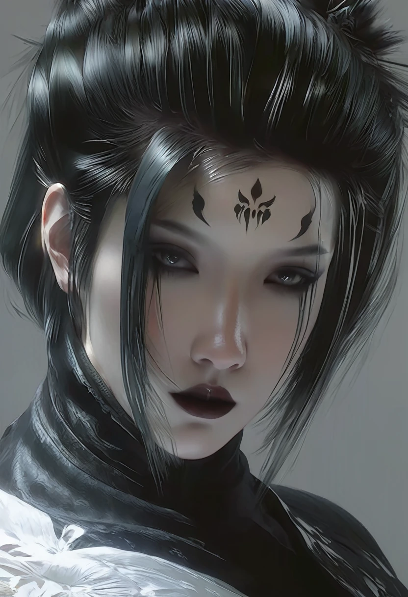 A woman with black hair and white skin,Close-up of face， artwork in the style of Gu Weiss, Gu Weiss, the style of WLOP, ross tran and WLOP, Inspired by WLOP, Eve Ventro, in style of WLOP, WLOP and ross tran, Pan Chengwei on artstation, best on WLOP, WLOP |