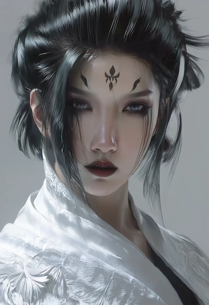 A woman with black hair and white skin,Close-up of face, artwork in the style of Gu Weiss, Gu Weiss, the style of WLOP, ross tran and WLOP, Inspired by WLOP, Eve Ventro, in style of WLOP, WLOP and ross tran, Pan Chengwei on artstation, best on WLOP, WLOP |