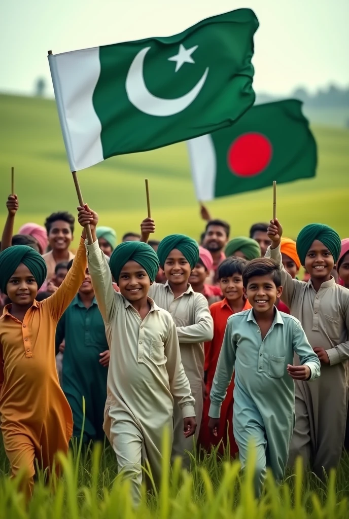 Many young boys of Pakistan are standing in the field, wearing Punjabi, holding the flag of Pakistan. Besides, some boys are standing with the flag of Bangladesh.3d picture,8k resolution