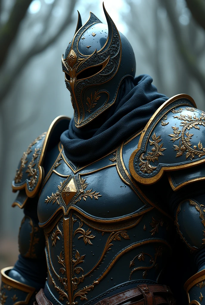 Berseker dark Knight close up portrait with obdisian and gold engraved armor and steel mask with flower engravings on his helmet and armor. Epic dark fantasy atmosphere, elden ring hoslow armor refrence