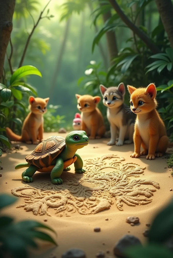 Tiny the turtle using his small feet to draw a detailed picture of the jungle in the sand. The drawing is intricate and beautiful, capturing the essence of the jungle. The other animals are watching in quiet admiration