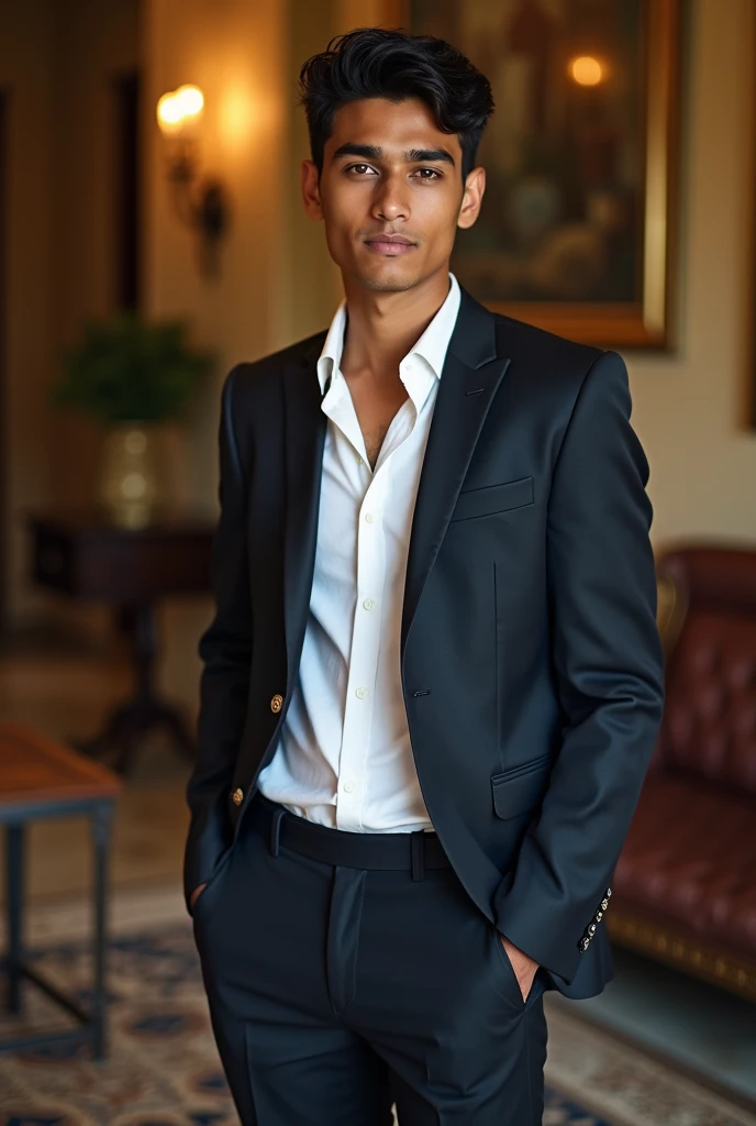 18 year old Indian boy handsome wearing formals posing for Nadeem beautiful home in background