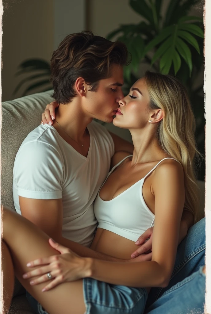 make a handsome age boy, inspired by 16 ynardo DiCaprio, with blue eyes and thin red lips, He is sitting on a sofa. He wears a tight white t-s and strong. He carries a beautiful young Argentinian woman with super long hair, Medium wavy and a soft light blonde color. Her green eyes shine with charm, and her white skin highlights her natural beauty. Long eyelashes frame her gaze, and her perfect face radiates a flirtatious smile. She is wearing a crop top and both are kissing with a Polaroid effect