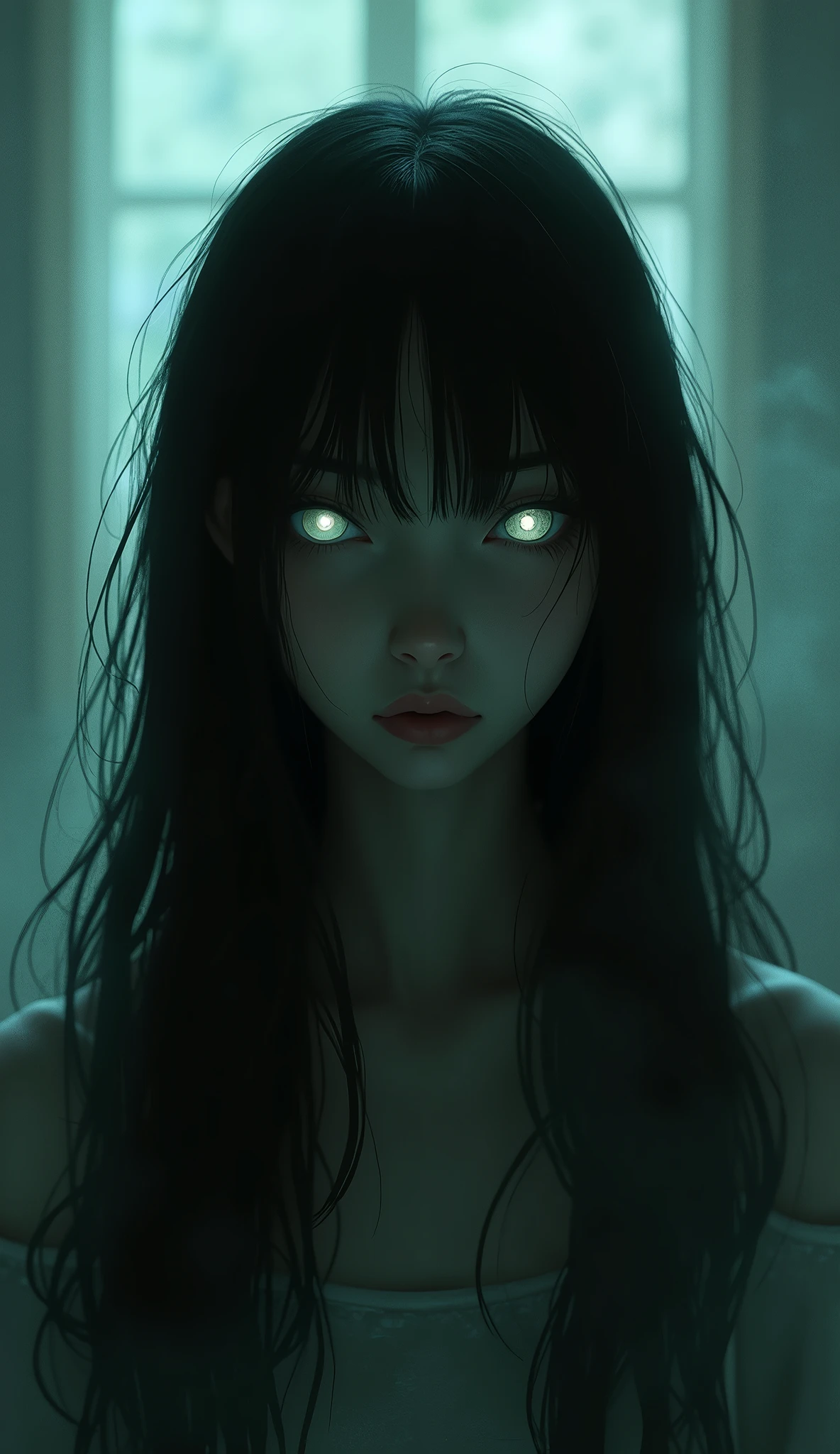 Depressed girl、Long black hair、Small Nose、Skinny body、Glowing white eyes、Thin lips、Inpatients、Upper Body、Close-up、Real、Thick Fog、apartment