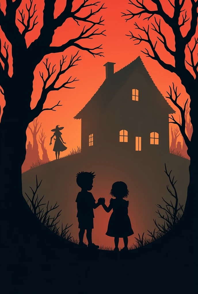 "Minimalist silhouette art in the style of Olly Moss, depicting a dark, horror-inspired scene from
"Hansel and Gretel.' Hansel and Gretel are in the foreground, taking up most of the bottom third of
the image, holding hands and looking scared, their silhouettes small and vulnerable. In the
background, partially obscured by twisted trees, is the eerie gingerbread house, with an unsettling
glow coming from the windows. The silhouette of the witch looms near the house, watching the
children from a distance. Use a limited color palette of deep blacks, dark browns, and eerie reds, with
sharp contrasts to create a sense of foreboding and tension.