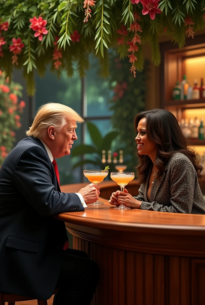 Donald Trump and Kamala Harris drinking cocktails in a bar wirh jungle decoration, photo realiste