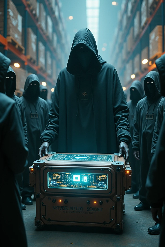 Create an image of the lord of destiny with masked figures in a futuristic military warehouse looking at an advanced box, close-up photo.