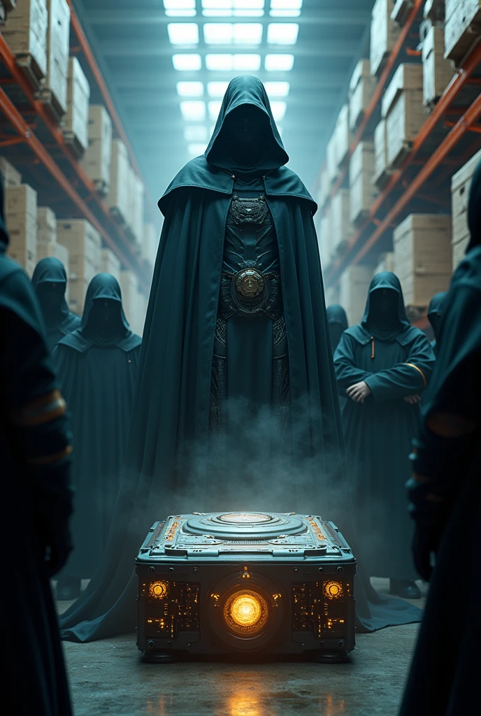 Create an image of the lord of destiny with masked figures in a futuristic military warehouse looking at an advanced box, close-up photo.