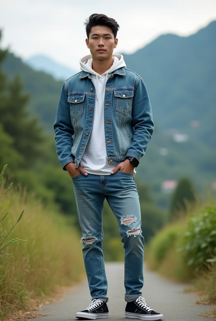 An image of a 28-year-old Asian man weighing (55kg)), tall ((175)) standing on the ground outdoors, against a green mountain background, dressed in a contemporary style wearing a denim jacket, blue ripped jeans, and black Vans sneakers, wearing an iPhone smartwatch in his left hand. Facing the viewer, the atmosphere feels relaxed and illuminated by natural light, depicting everyday life."