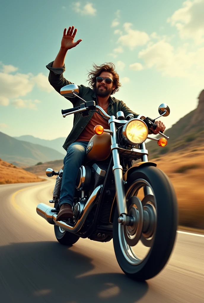 Man on a motorcycle without a helmet waving with his right hand
