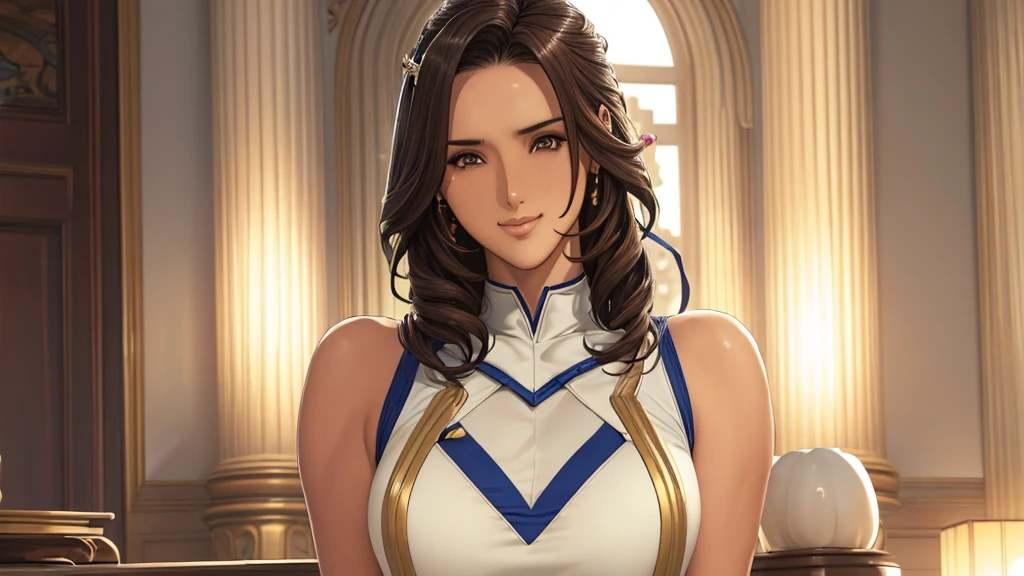 Nene Kasaki々 solo girl, 1 girl,Shiny brown hair,  (Beautiful brown eyes、Sparkling eyes, fine grain)、smile、Very fine eye、porcelain milky white skin,Highly detailed face, Highly detailed eyes,young woman、smile、(( hair clips 、Straight Long Hair))、blush、((masterpiece、High resolution、16K))、((Sleeveless onepiece dress))、(Very close:1.5),interiors,living room (Focus on the upper body:1.5)