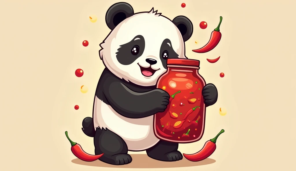 Design a logo，The main theme is a cute panda holding a large sauce jar filled with chili peppers.，（The panda holds three bunches of peppers：1.5）Forming the Chinese character &quot;川&quot;，