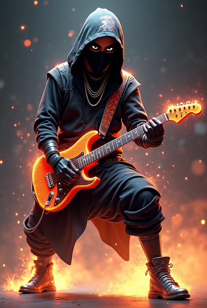 Personnage inspiré ninja rocker avec une guitare électrique avec des effet scintillante est éclatant d'étoiles une étoile sur le milieu de la guitare un costume de ninja avec une capuche de ninja avec un dragon dessiné sur sa capuche
Des chaussures de métal avec des pique sur c'est chaussure des motif sur sont qui sont jaune clair orange pâle est ???? des yeux noir est blanc un collier en forme d'étoiles sur sont cou est un côté de combattant dangereux 
