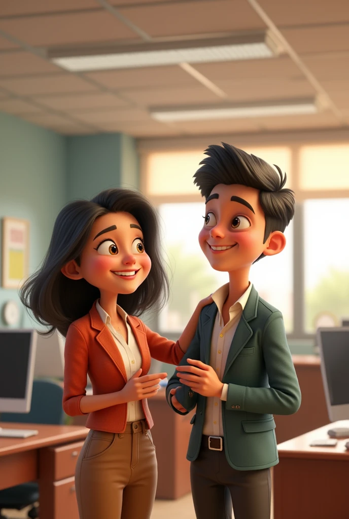 Create relaxing scenes in a Disney-Pixar style, The background is office,There is a teaching version, Chubby, super kind,Kind and friendly, It makes me laugh when I see her, 30 year old handsome man, Short black hair with front parting, Smiling, Light brown eyes, Wear professional clothing, Has a suit jacket, smart causal pixar 3d.
