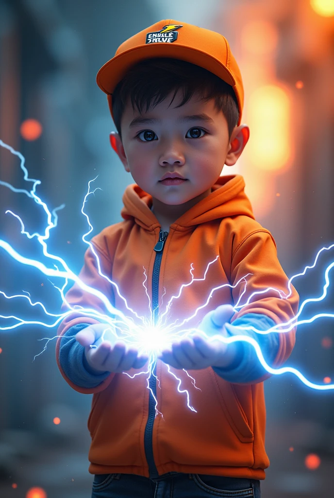 a young real boy Malaysia Indonesia . wearing an orange zip-up shirt, orange cap with small thunder logo, detailed face, cinematic lighting, dramatic atmosphere, vibrant colors, 8k, high quality, photorealistic. Hero suit. Thunder come from his hand. Glowing thunder.jeana pants. Very strong. Future design dress