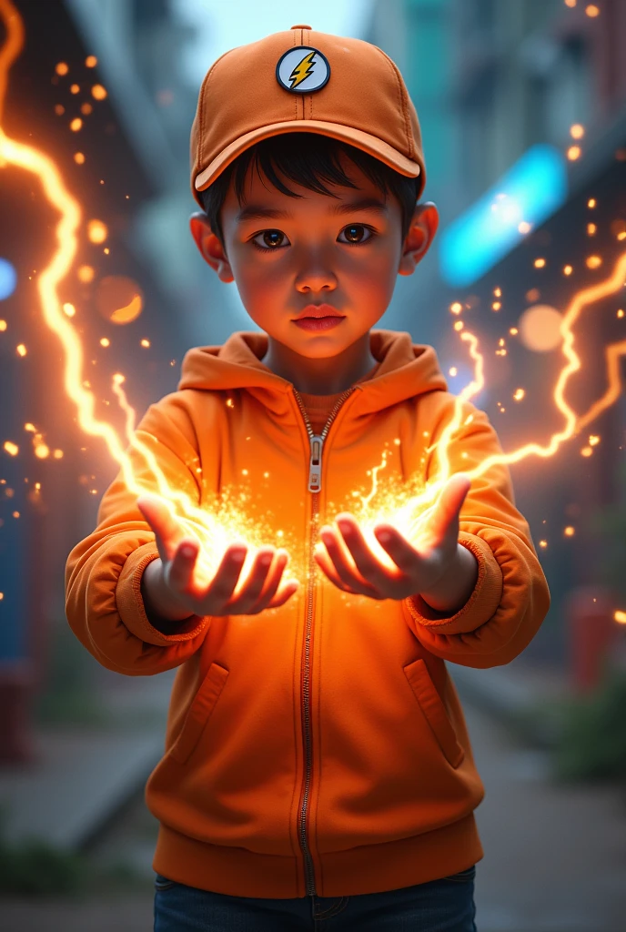 a young real boy Malaysia Indonesia . wearing an orange zip-up shirt, orange cap with small thunder logo, detailed face, cinematic lighting, dramatic atmosphere, vibrant colors, 8k, high quality, photorealistic. Hero suit. Thunder come from his hand. Glowing thunder.jeana pants. Very strong. Future design dress