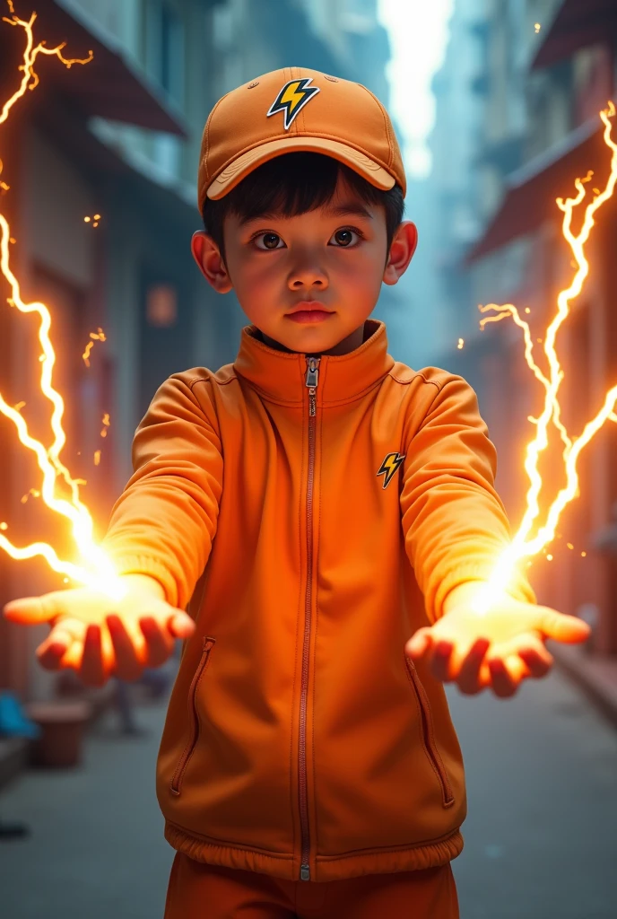 a young real boy Malaysia Indonesia . wearing an orange zip-up shirt, orange cap with small thunder logo, detailed face, cinematic lighting, dramatic atmosphere, vibrant colors, 8k, high quality, photorealistic. Hero suit. Thunder come from his hand. Glowing thunder.jeana pants. Very strong. Future design dress