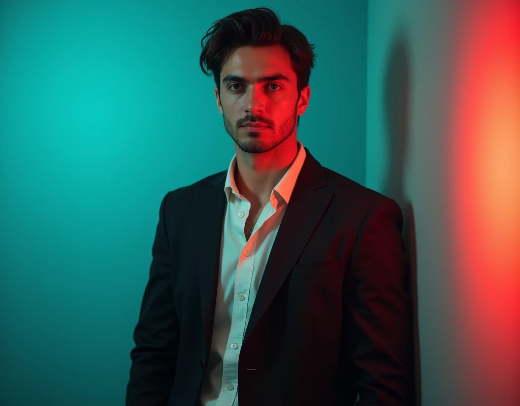 A young man with dark hair and . He is dressed in a black blazer over a white shirt. The man is positioned against aqua colour backdrop with a subtle red lighting on the left side. and he posing for LinkedIn profile