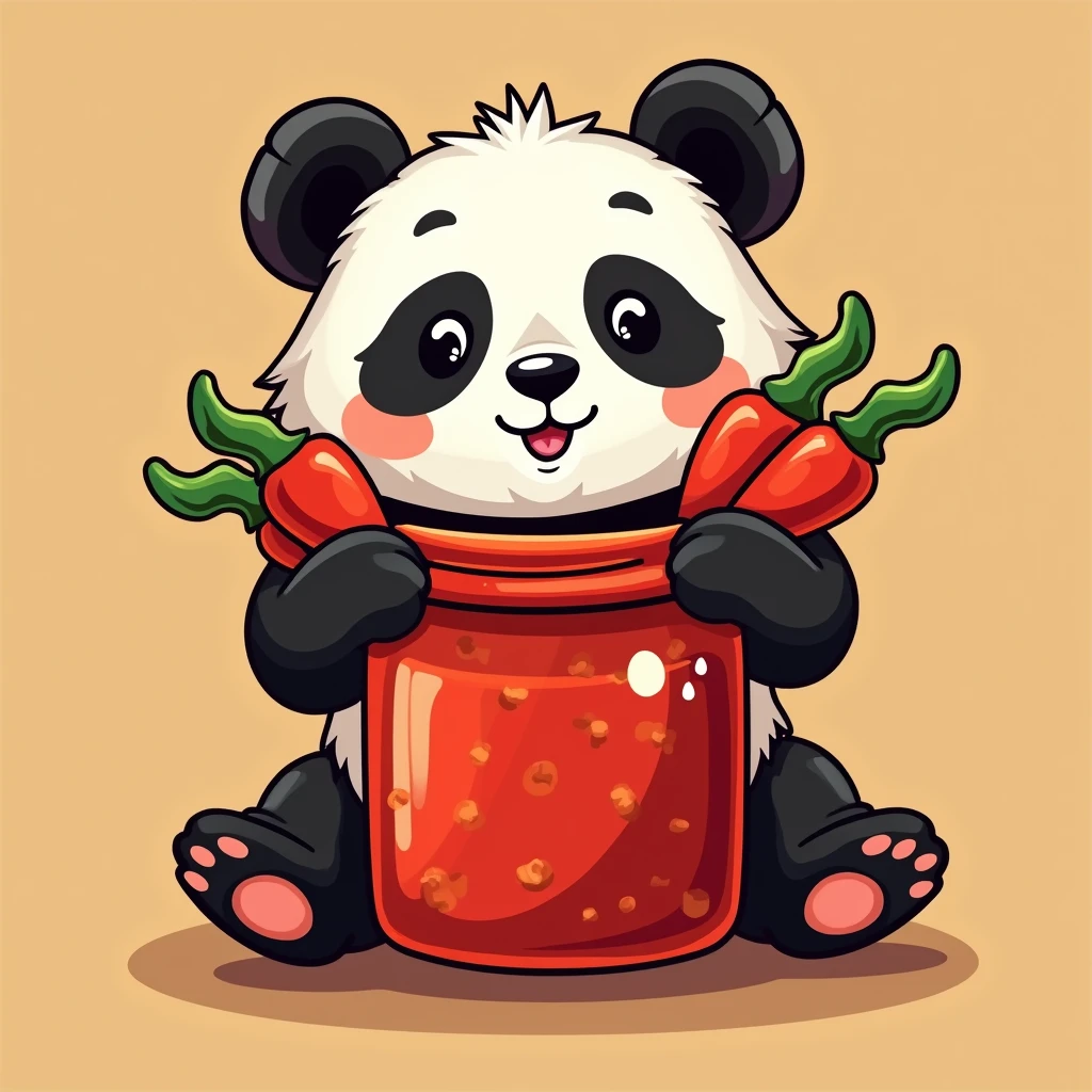 Design a logo,The main theme is a cute panda holding a large sauce jar filled with chili peppers.,(The panda holds three bunches of peppers:1.5),