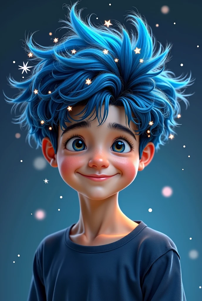 One person。Navy blue mash hair、Hair like a starry sky。The tips of the hair are a light blue color、It is a gradation。Smiling boy。