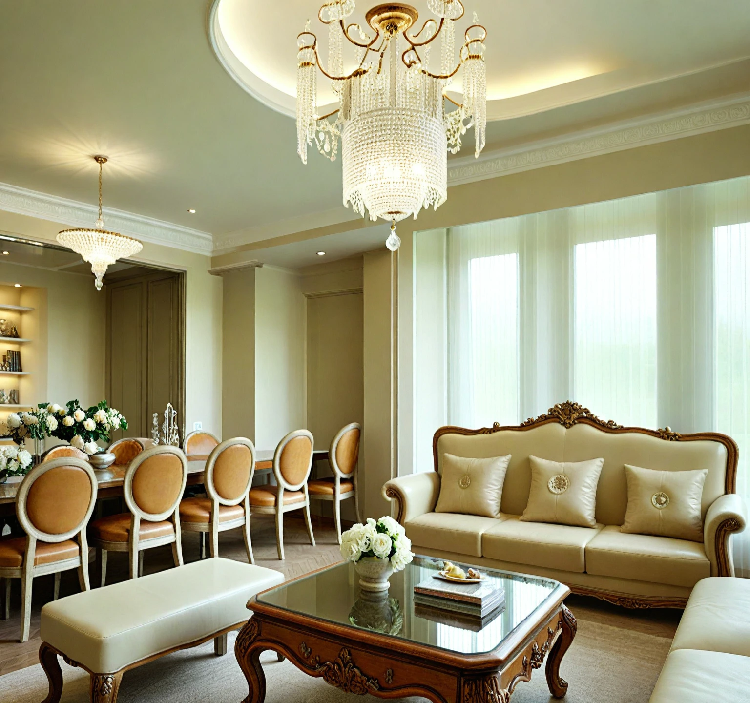 RAW photo, masterpiece, a view of a ( LIVING room :1.3) with a couch, chairs, and a chandelier, highly detailed interior, neo - classical style, neoclassical style, neoclassicism style, interior architect architectural visualization, neoclassical style, in style of classicism, white light sun, rendered in vray, rendered in v-ray, rendered in unreal engine 3d, (photorealistic:1.2), (photorealistic:1.5), best quality, ultra high res, architechture, (leather sofa detail:1.5), neoclassic house, (detailed railing neoclassic:1.5), luxury neoclassical villa, (mable floor details:1.5), (detailed neoclassical carpet:1.5), in the style of neoclassical scene, glass windows, best quality, (Intricate lines:1.5), ((Photorealism:1.5)),(((hyper detail:1.5))), archdaily, award winning design, (dynamic light:1.3), (day light:1.2), (perfect light:1.3), (shimering light :1.4),  refection glass windows, (curved line architecture arch:1.2), photorealistic, FKAA, TXAA, RTX, SSAO, Post Processing, Post-Production, CGI, VFX, SFX, Full color,((Unreal Engine 5)), Canon EOS R5 Camera + Lens RF 45MP full-frame CMOS sensor, HDR, Realistic, Cinematic intricate detail, extreme detail, science, hyper-detail, FKAA, super detail, super realistic, crazy detail, intricate detail, nice color grading, reflected light on glass, eye-catching wall lights, unreal engine 5, octane render, cinematic, trending on artstation, High-fidelity, Viwvid, Crisp, Sharp, Bright, Stunning, ((Lifelike)), Natural, ((Eye-catching)), Illuminating, Flawless, High-quality,Sharp edge rendering, medium soft lighting, photographic render, detailed archviz, ((( Pachyloba, Doussie, Afzelia wooden : 1.7 ))),((( organe wooden : 2.5 )))