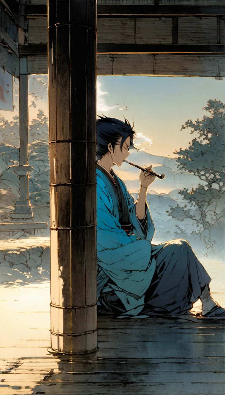 A samurai wearing a blue haori, leaning against a wooden pillar, casually smoking a pipe. The smoke drifts upwards, blending with the early morning mist."