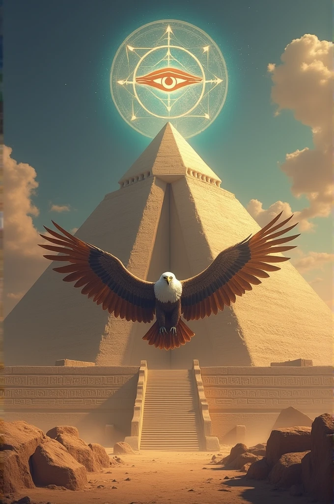 A pyramid with an eagle inside and the eye of Horus 