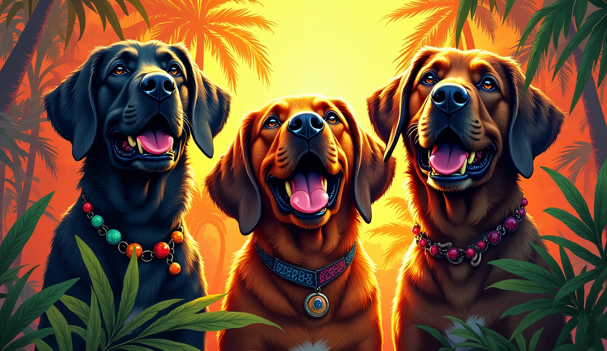 Big Dogs Music Thumbnail Vector Art, With a lot of Jamaican reggae, Authentic Jamaican Reggae Music Atmosphere,colorful illustrations, At the center, swirly vibrant colors, paint splashes and smears, high détail,