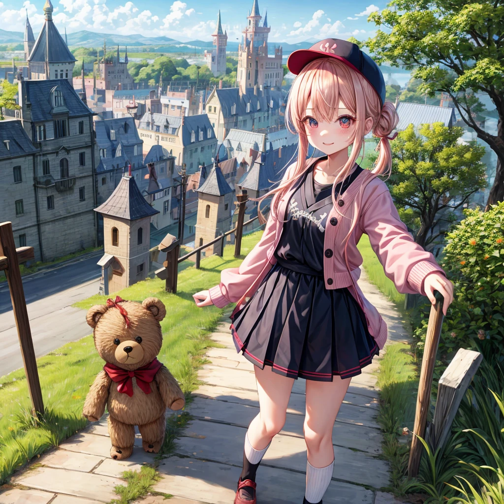 Pink Blonde、Red eyes、Hair tied up、Two cute、Checked mini skirt、black t-shirts、cardigan、Knee-high socks、bear ears baseball cap、Teeth are visible、Monster Castle、Tilting face、crossing the bridge、hazakura、windmill、grass、Stones are growing out of the ground.、A teddy bear is walking、Morning glory is blooming.、In front of the city gates、clock、Underground tunnels