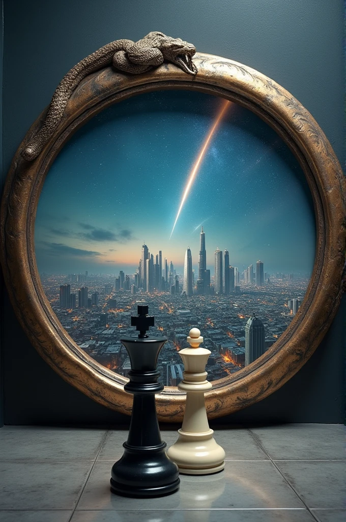 The image shows a painting, which has a circular metal frame with the figure of the ouroboros, The canvas depicts a futuristic city with large skyscrapers, with a shooting star streaking across the night sky in the distance.. Outside the painting two chess pieces can be seen, one the black king and the white king. 