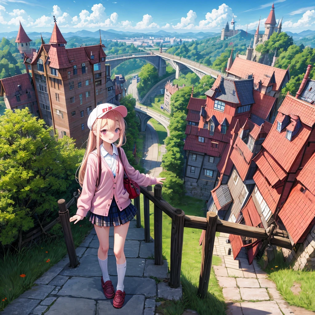 Pink Blonde、Red eyes、Hair tied up、Two cute、Checked mini skirt、black t-shirts、cardigan、Knee-high socks、bear ears baseball cap、Teeth are visible、Monster Castle、Tilting face、crossing the bridge、hazakura、windmill、grass、Stones are growing out of the ground.、A teddy bear is walking、Morning glory is blooming.、In front of the city gates、clock、Underground tunnels