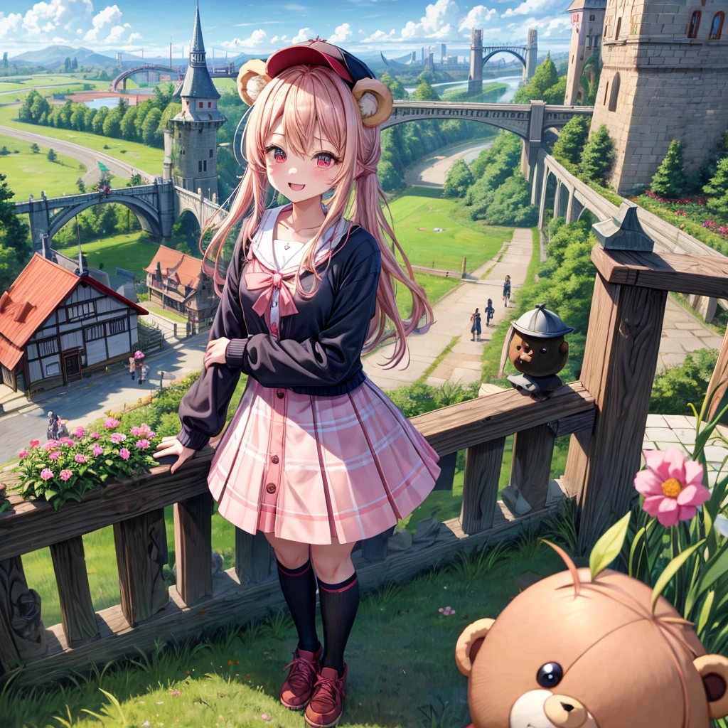 Pink Blonde、Red eyes、Hair tied up、Two cute、Checked mini skirt、black t-shirts、cardigan、Knee-high socks、bear ears baseball cap、Teeth are visible、Monster Castle、Tilting face、crossing the bridge、hazakura、windmill、grass、Stones are growing out of the ground.、A teddy bear is walking、Morning glory is blooming.、In front of the city gates、clock、Underground tunnels