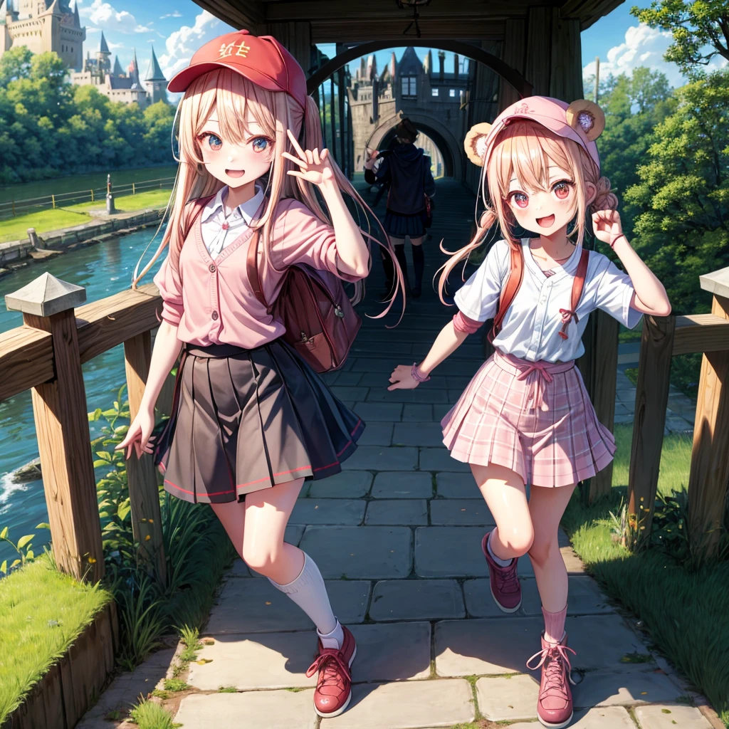 Pink Blonde、Red eyes、Hair tied up、Two cute、Checked mini skirt、black t-shirts、cardigan、Knee-high socks、bear ears baseball cap、Teeth are visible、Monster Castle、Tilting face、crossing the bridge、hazakura、windmill、grass、Stones are growing out of the ground.、A teddy bear is walking、Morning glory is blooming.、In front of the city gates、clock、Underground tunnels
