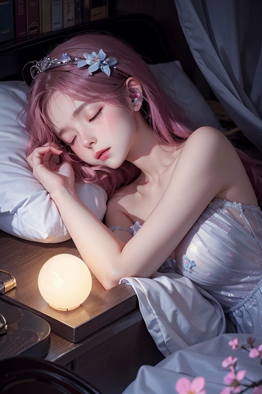 (8k, highest quality, masterpiece:1.2),(highest quality:1.0), (Ultra-high resolution:1.0), watercolor, Beautiful woman, shoulder, Hair Ribbon, Sleeping, pastel colour, (ink:1.3), quiet night