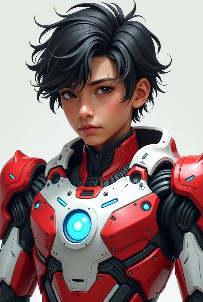 detailed portrait of a young malay indonesian boy, 19 years old. Have body portrait, with wavy black hair and some white highlights, tan skin, wearing a red and white exoskeleton robot suit with a robot face on the body, blue LED lights on the nipple area. Hulkbuster face on body. Talking robot.