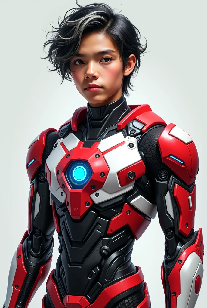 a young 15 year old boy wearing a red and white exoskeleton armor, a robot face on his chest , malaysian mullet hairstyle, detailed face and eyes, highly detailed, 8k, photorealistic, cinematic lighting, concept art, sci-fi. Led light blue