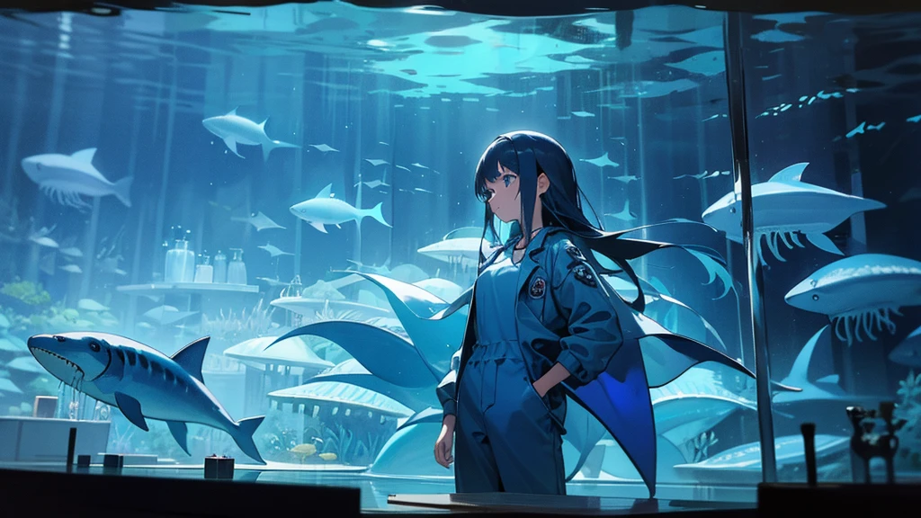 one girl, dark blue color scheme, sea theme, jellyfish, shark, lab coat, night, scientist, aquarium, jumpsuit