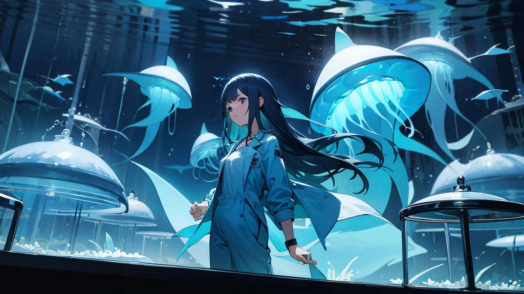 one girl, dark blue color scheme, sea theme, jellyfish, shark, lab coat, night, scientist, aquarium, jumpsuit