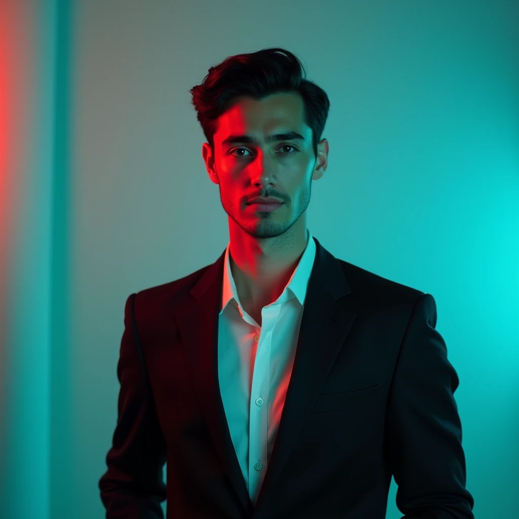 A young man with dark hair and . He is dressed in a black blazer over a white shirt. The man is positioned against aqua colour backdrop with a subtle red lighting on the left side. and he posing for LinkedIn profile