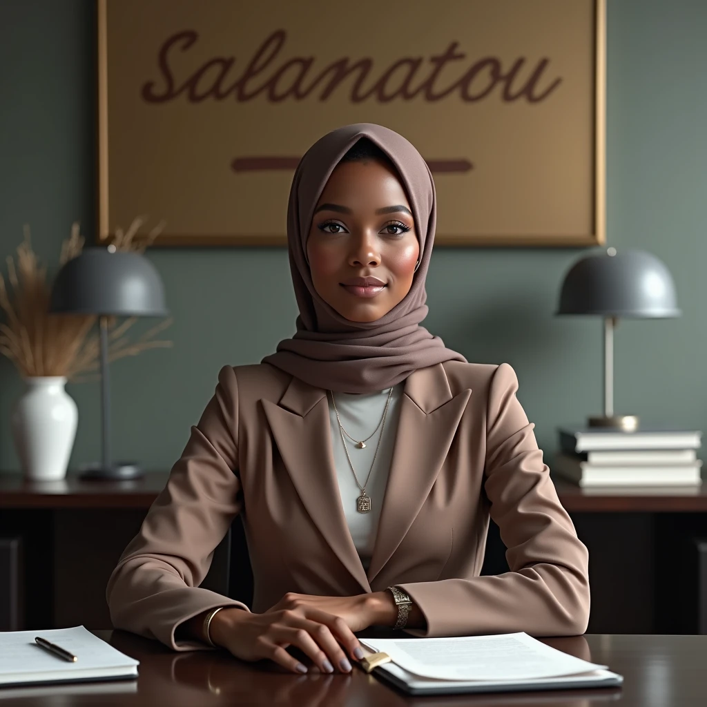 (photorealism:1.2), A young beautiful Black Muslim woman, a business executive, wearing a headscarf, sitting at her desk, With her name 'Salamatou' written on a decorative board behind her.