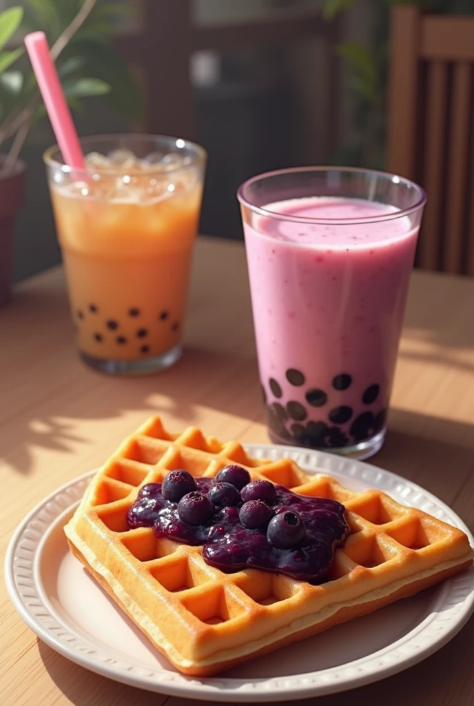 Bubble tea with triangle waflle in buleberry jam