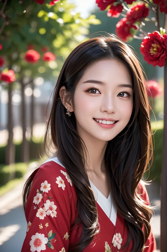 Image resolution 8K、Representative works:1.3)、Beauty、1 female、(魅力的なbody:1)、abdomen:1.1、Dark Brown Hair:1.1、(body:1)、Super detailed facial features、Attractive lips、double eyelid、Fashionable and stylish V-neck with long sleeves、Super realistic and super cute details、Japanese women、10th generation(18-year-old)、Adorable smile with a smile、Hair blowing in the wind、Wave Hairstyles、Detailed background of red camellia flowers covered with snow、Nice pose、