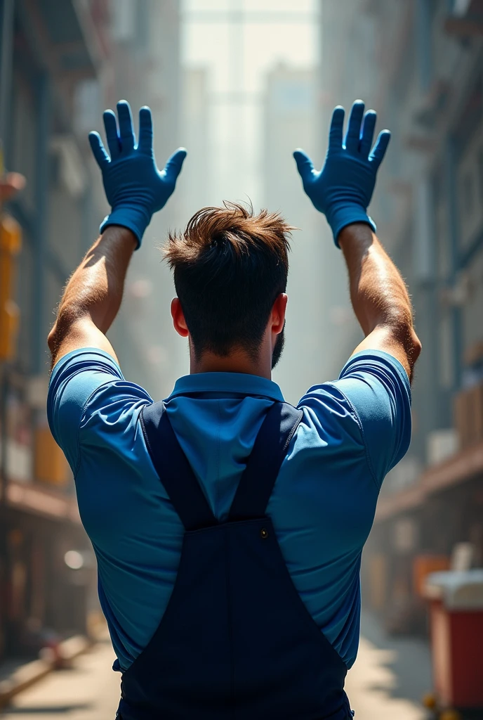 man from behind raising his arms, receiving something with open hands and not so close together, wearing his blue gloves, Blue mechanic's apron, blue shirt