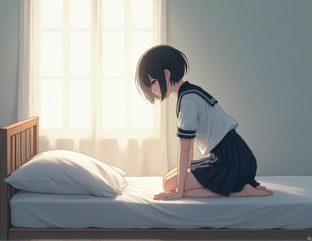 Girl with short black hair wearing an asian school uniform kneeling on the edge of a bed, matress bending beneath her weight