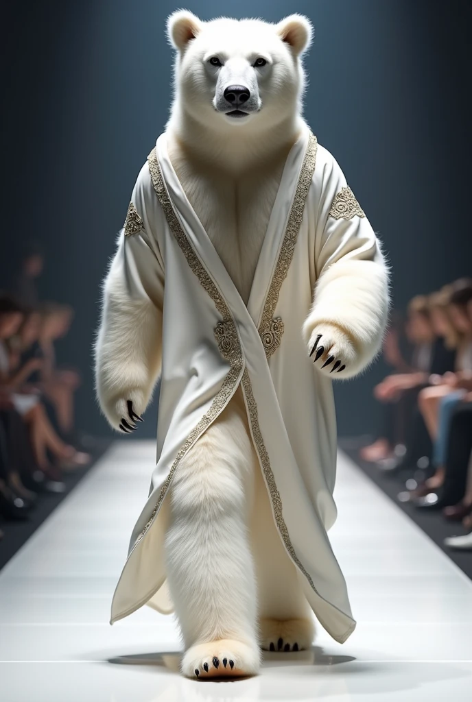 A beautiful white bear wearing maxi cloth walking down the runaway at a fashion show,